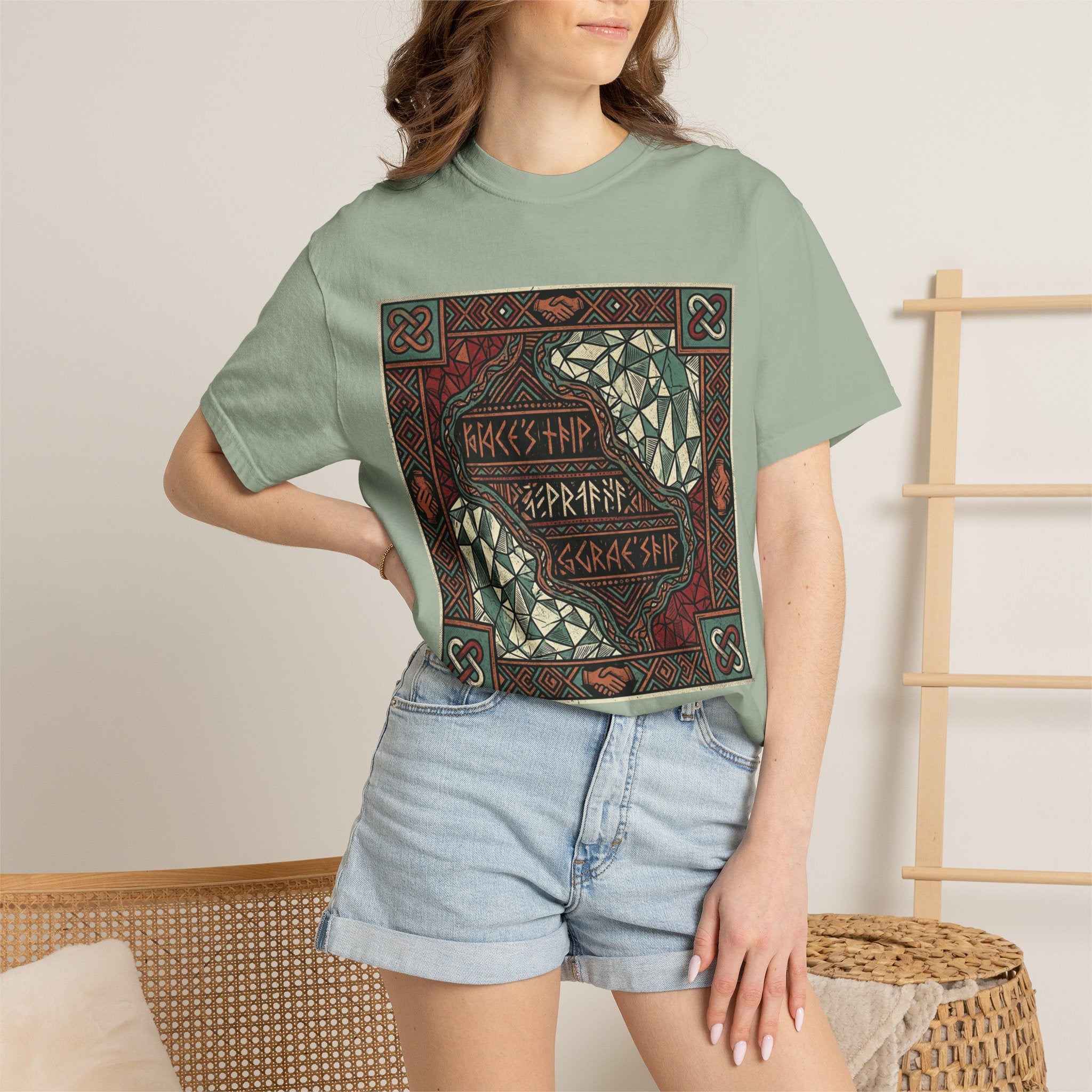 Viking Knotwork "Brace Ship" Graphic T-Shirt — Norse Celtic Myth Art Tee