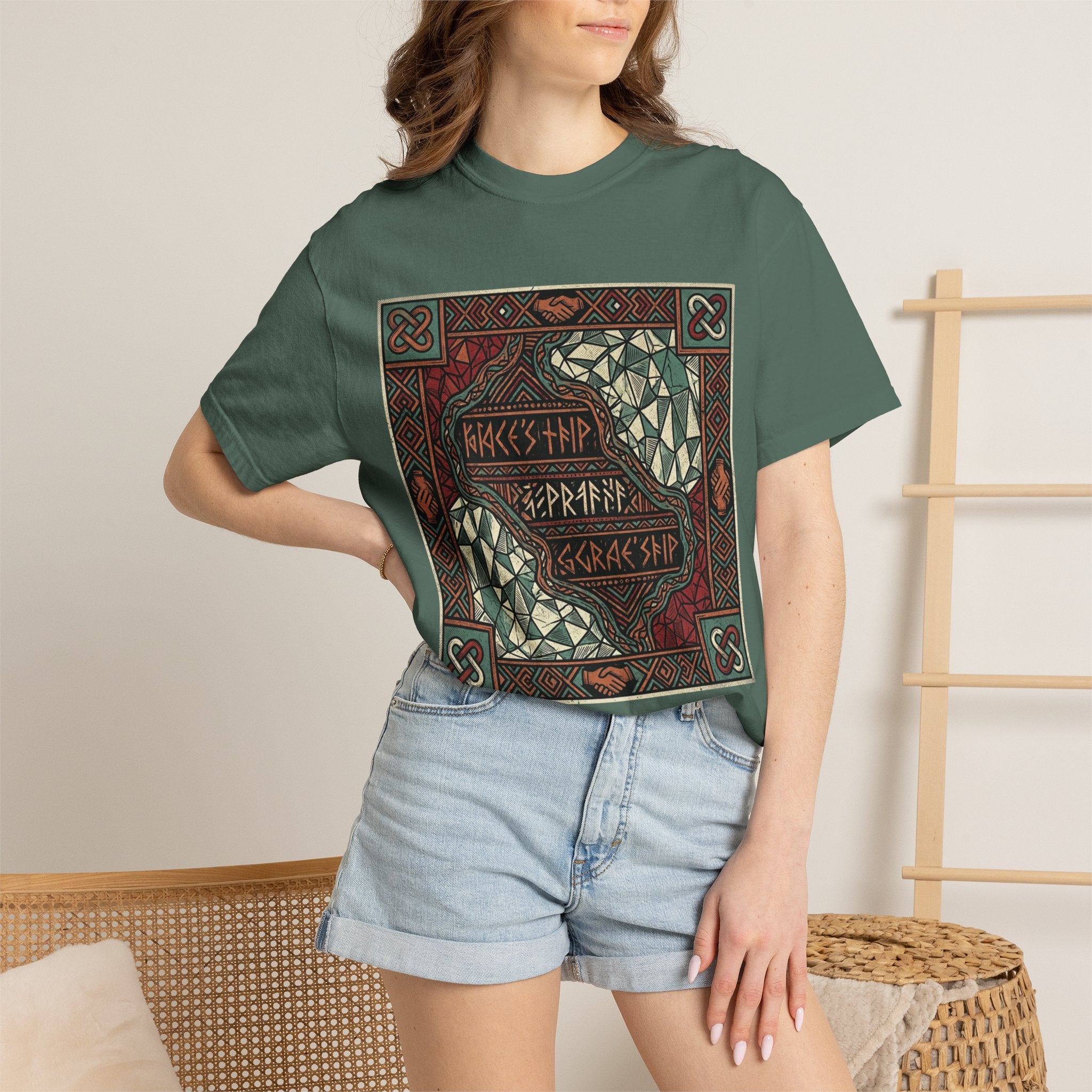 Viking Knotwork "Brace Ship" Graphic T-Shirt — Norse Celtic Myth Art Tee