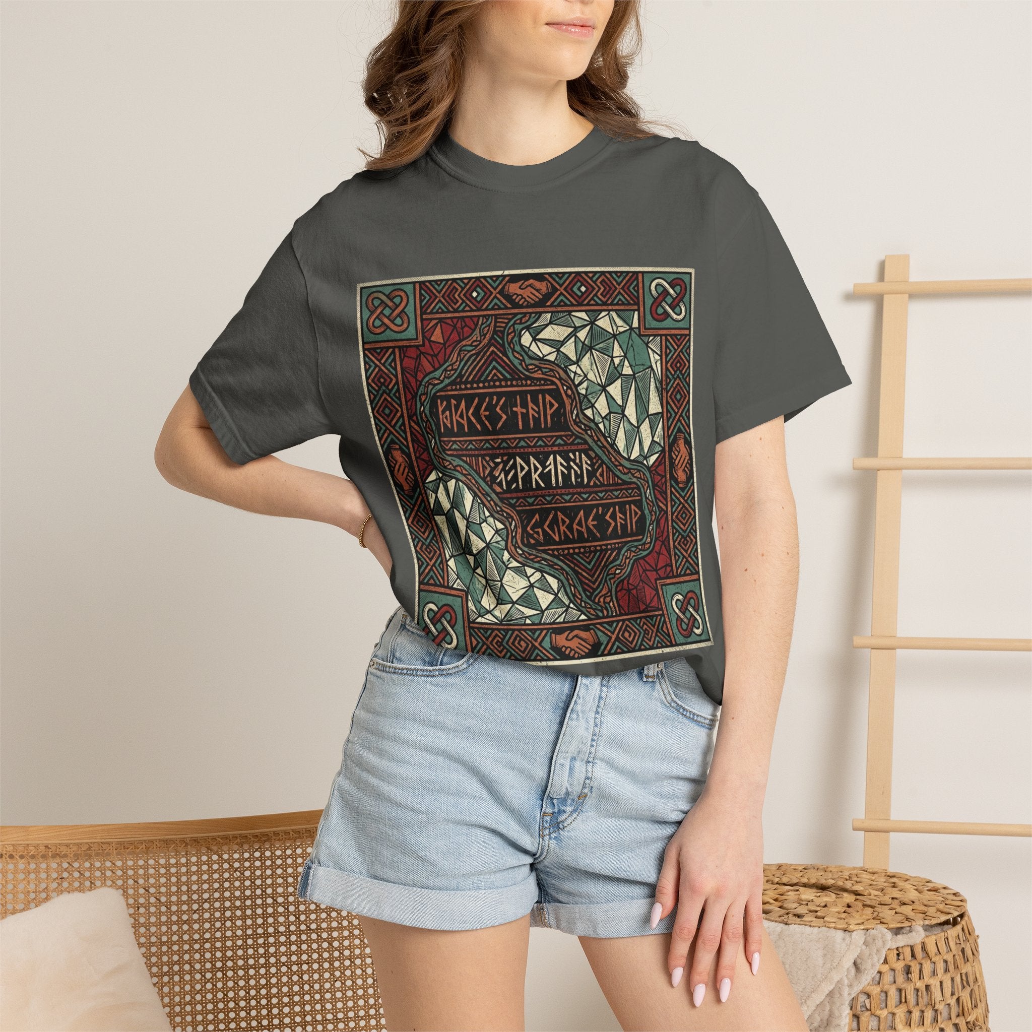 Viking Knotwork "Brace Ship" Graphic T-Shirt — Norse Celtic Myth Art Tee