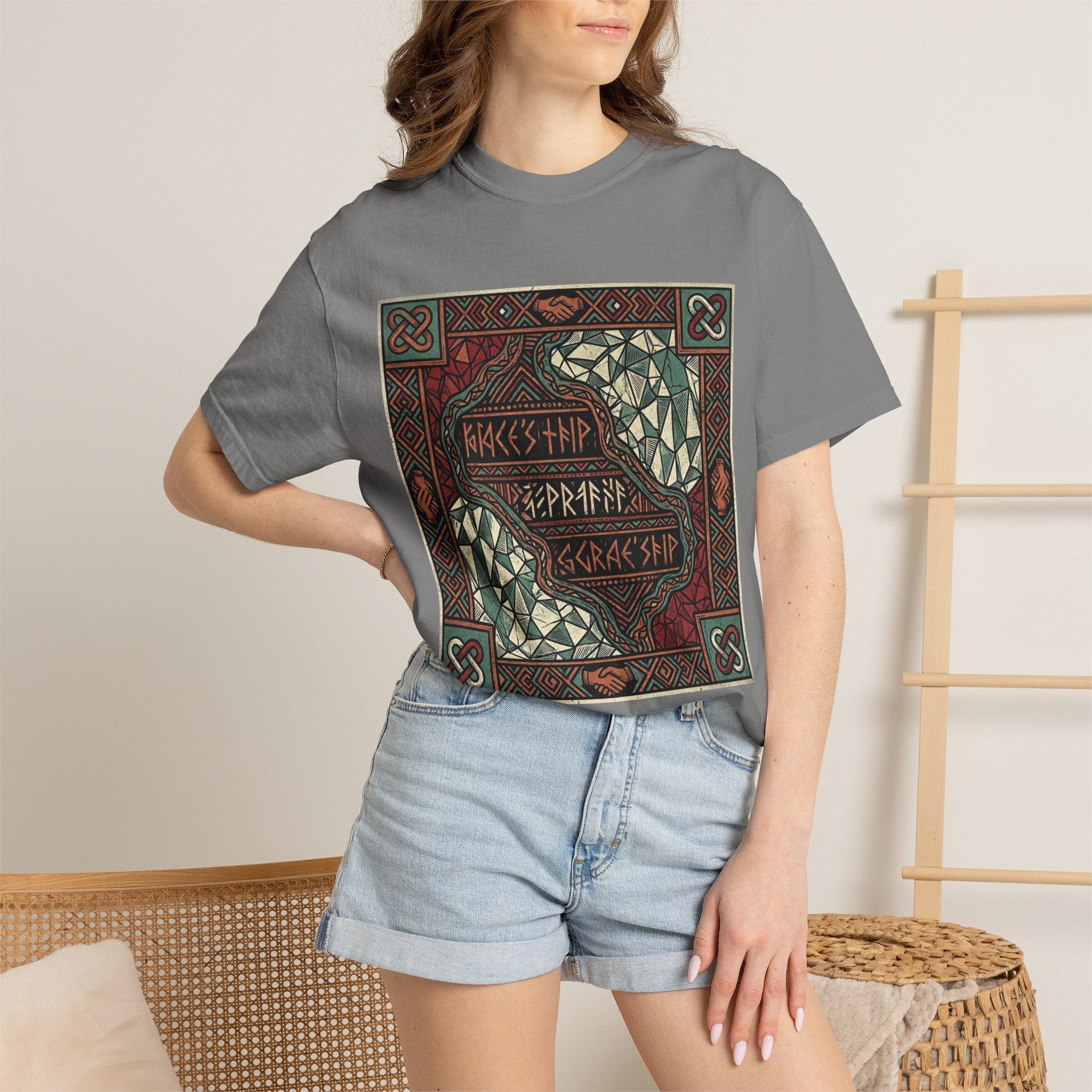 Viking Knotwork "Brace Ship" Graphic T-Shirt — Norse Celtic Myth Art Tee