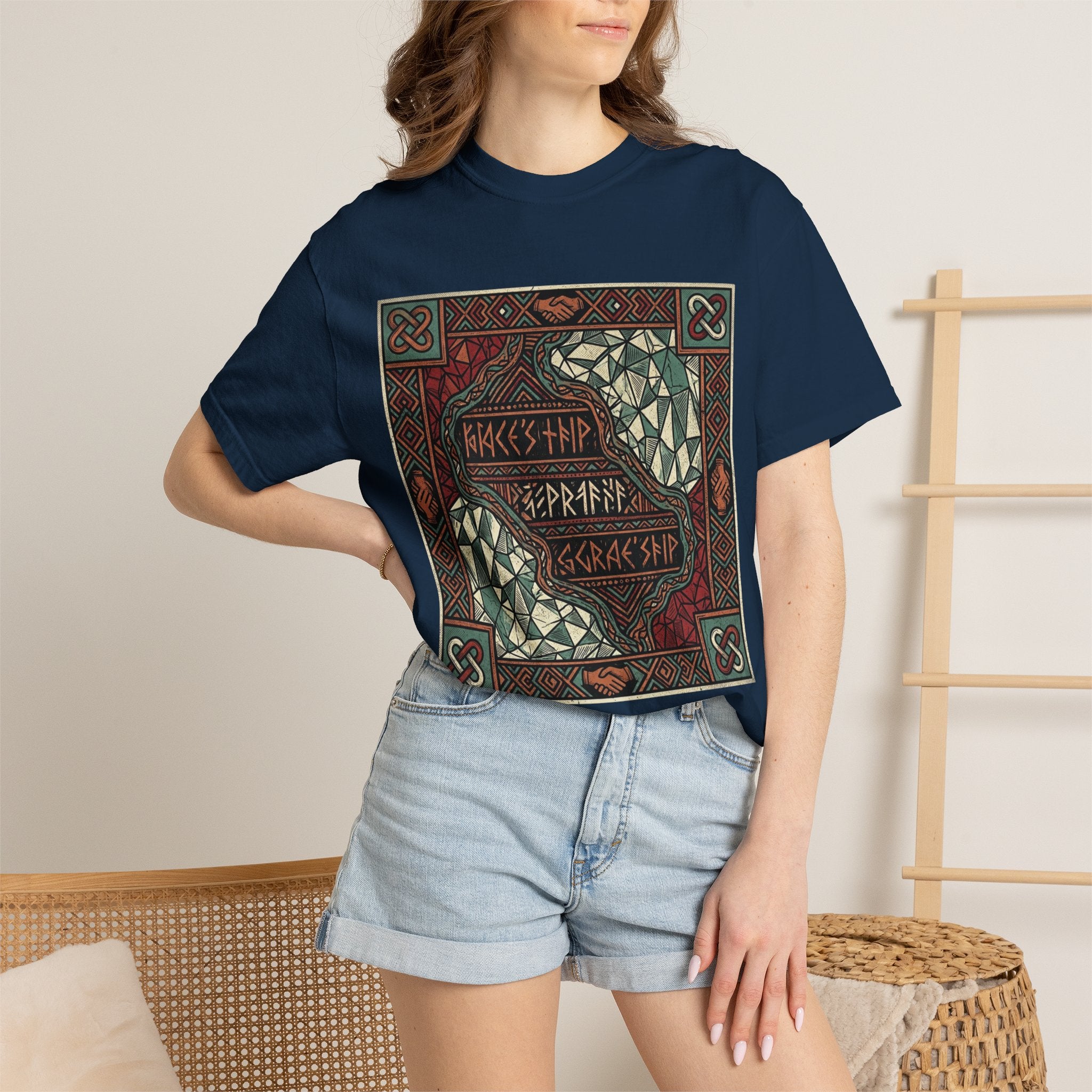 Viking Knotwork "Brace Ship" Graphic T-Shirt — Norse Celtic Myth Art Tee