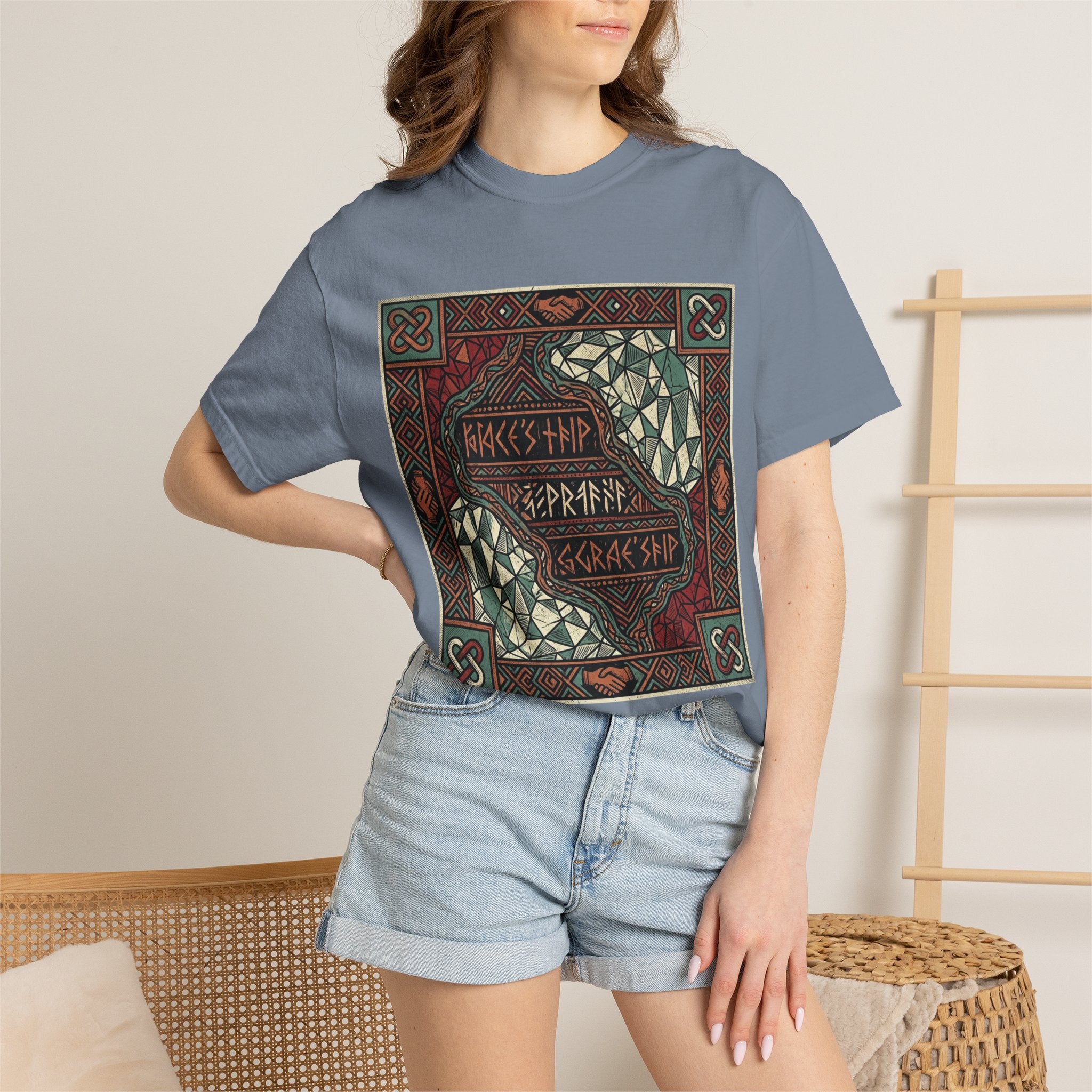 Viking Knotwork "Brace Ship" Graphic T-Shirt — Norse Celtic Myth Art Tee